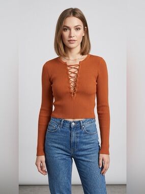 Forever 21 Ribbed Lace-Up Crop Top - Rust Orange